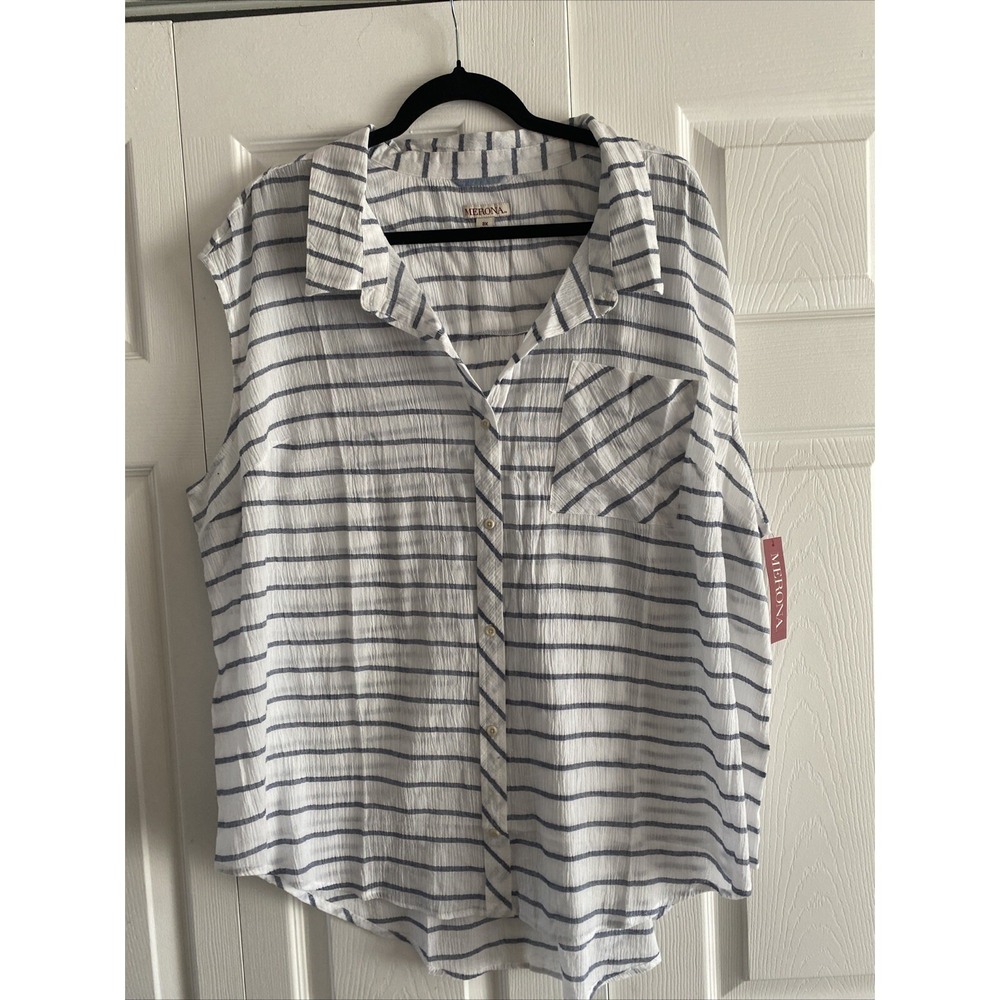 Merona Striped Sleeveless Button Down Womens Size 3X White Blue Cotton Gauze Top